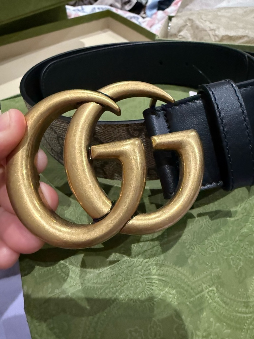 Gucci Black Leather Belt with Antique Gold Double G Buckle
